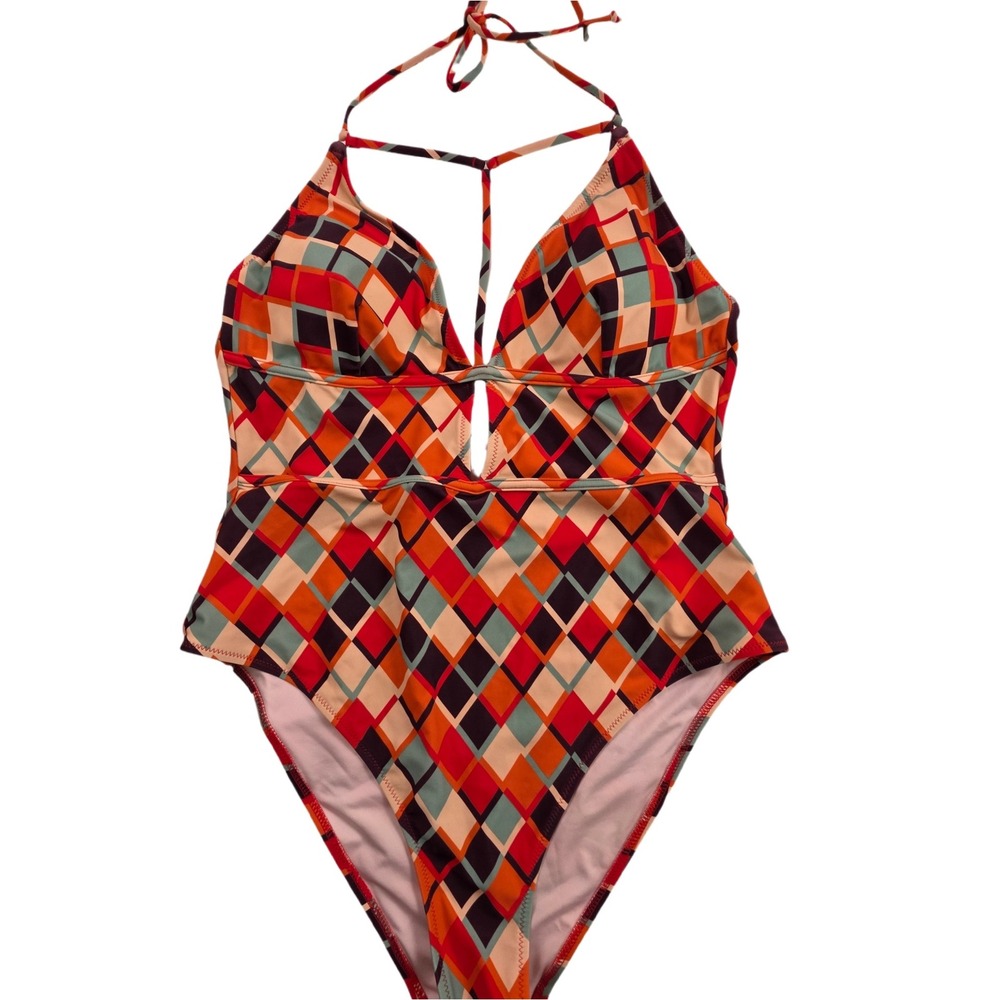 Cupshe One Piece Swimsuit Womens XXL Multicolor Geometric Halter Strappy 6104